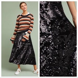 Anthropologie Black Sequin Midi Skirt